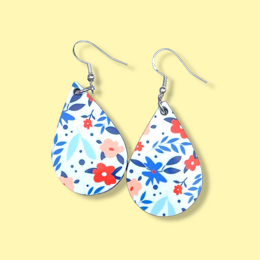 White Floral Printed Teardrop Dangle Earrings