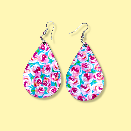 Pink Roses Printed Teardrop Dangle Earrings