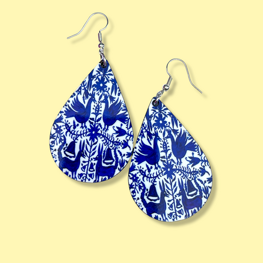 Otomi Blue and White Printed Teardrop Earrings