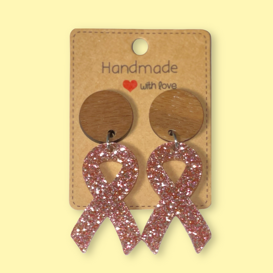 Wood and Glitter Pink Ribbon Earrings